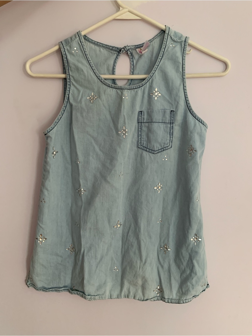 Girls Light Blue Embellished Tank Top with Pocket